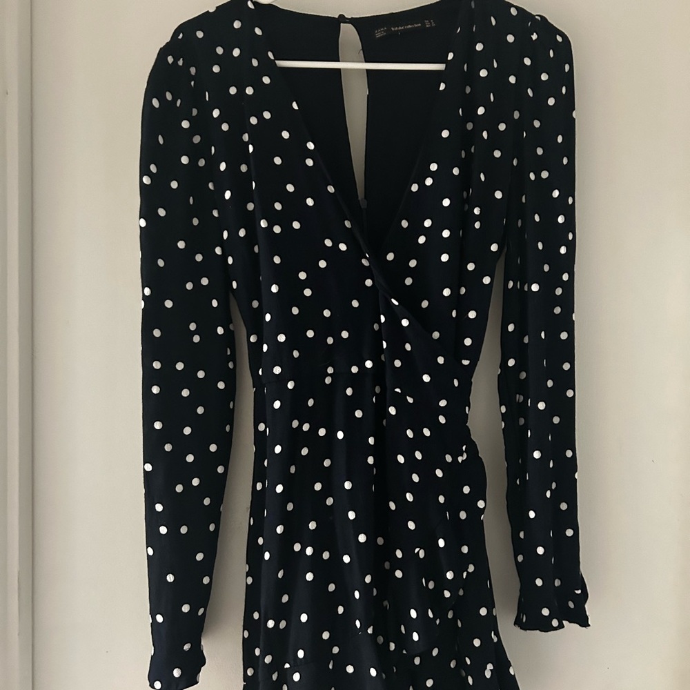 Zara Black and White Polka Dot Long Sleeve jumpsuit